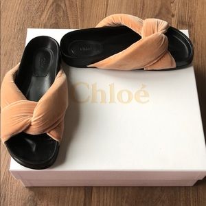 New Chloe pink velvet tie sandals w/box